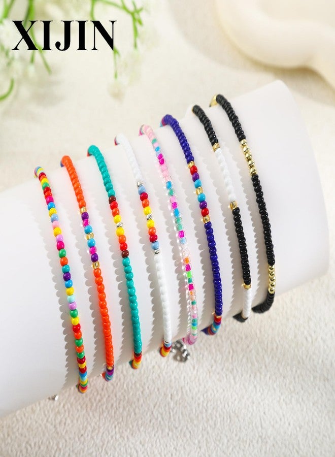 XIJIN 8Pcs Handmade Beaded Anklets for Women Boho Colorful Beads Ankle Bracelets Adjustable Foot Anklet Set - Image 4